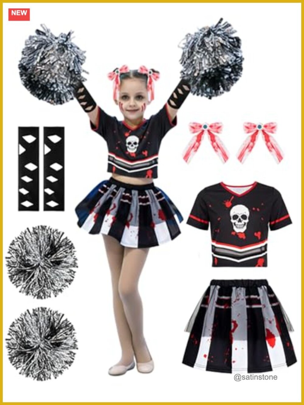 Girls Zombie Cheerleader Halloween Costume Dress Skirt Pom Poms